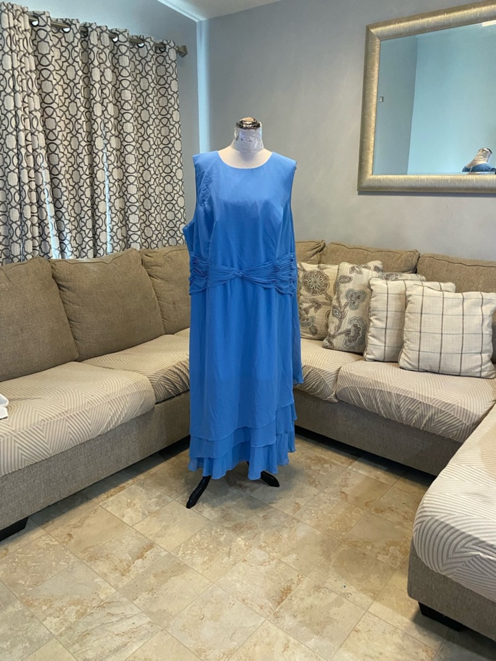 New Women size 26 bright blue chiffon tiered midi dress features a gathered ruch
